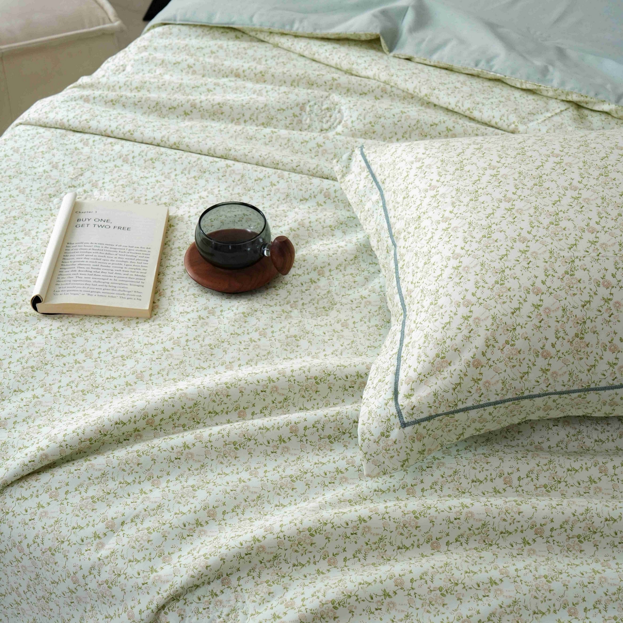 91家纺网 家纺一手货源 找家纺 丽卡家纺 2025新款小清新全棉纯棉夏被夏凉被空调被四件套 未央-绿