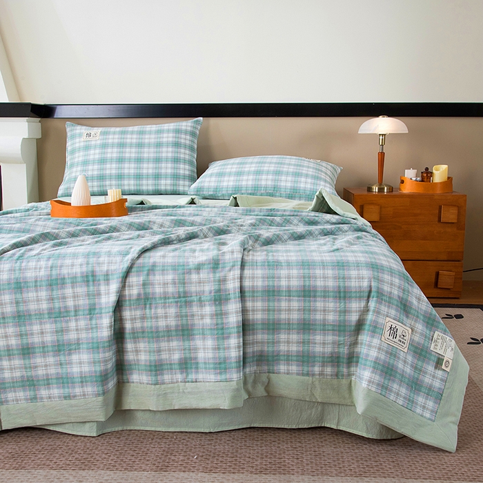 91家纺网 家纺一手货源 找家纺 三俏家纺 2025新款新疆棉花被夏被100%里外全棉棉花夏被无印风全棉色织水洗棉夏凉被空调被春秋被单人可机洗-风格二 海潮