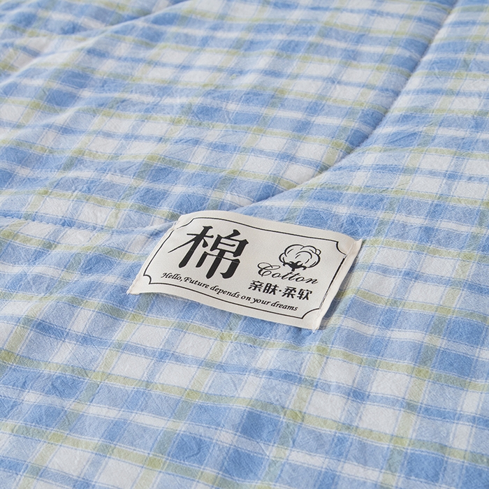 91家纺网 家纺一手货源 找家纺 三俏家纺 2025新款新疆棉花被夏被100%里外全棉棉花夏被无印风全棉色织水洗棉夏凉被空调被春秋被单人可机洗-风格二 蓝梦
