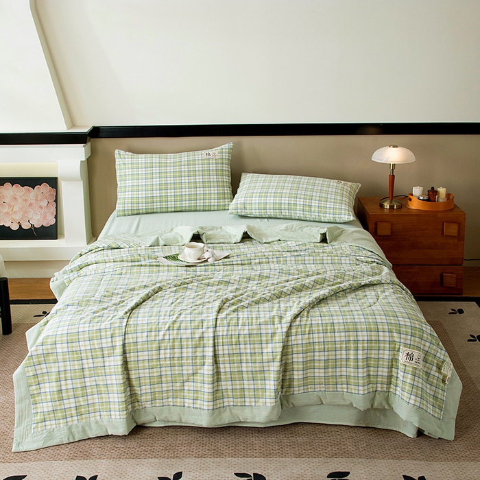 91家纺网 家纺一手货源 找家纺 三俏家纺 2025新款新疆棉花被夏被100%里外全棉棉花夏被无印风全棉色织水洗棉夏凉被空调被春秋被单人可机洗-风格二 新芽