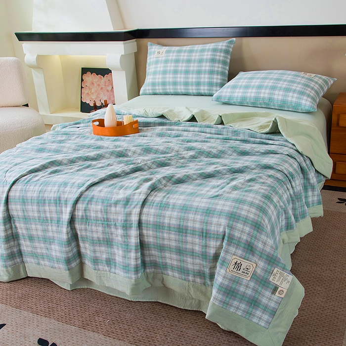 91家纺网 家纺一手货源 找家纺 三俏家纺 2025新款新疆棉花被夏被100%里外全棉棉花夏被无印风全棉色织水洗棉夏凉被空调被春秋被单人可机洗-风格二 海潮