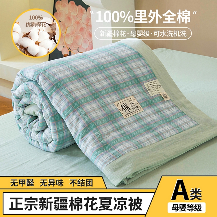 三俏家纺 2025新款新疆棉花被夏被100%里外全棉棉花夏被无印风全棉色织水洗棉夏凉被空调被春秋被单人可机洗-风格二 海潮