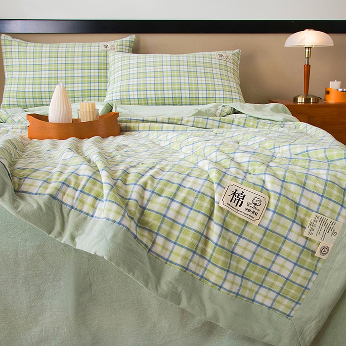 91家纺网 家纺一手货源 找家纺 三俏家纺 2025新款新疆棉花被夏被100%里外全棉棉花夏被无印风全棉色织水洗棉夏凉被空调被春秋被单人可机洗-风格二 新芽