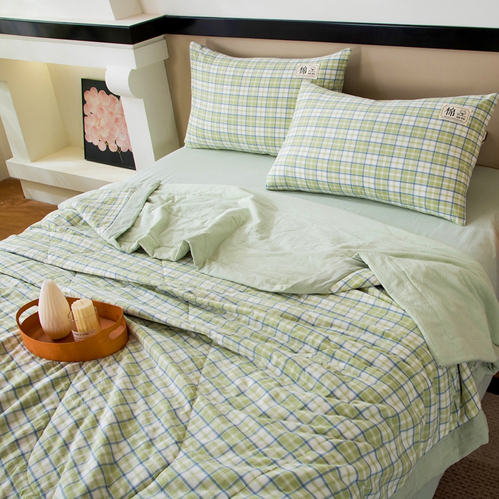 91家纺网 家纺一手货源 找家纺 三俏家纺 2025新款新疆棉花被夏被100%里外全棉棉花夏被无印风全棉色织水洗棉夏凉被空调被春秋被单人可机洗-风格二 新芽