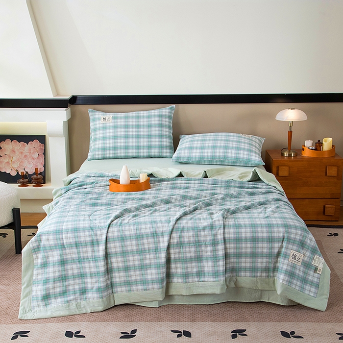 91家纺网 家纺一手货源 找家纺 三俏家纺 2025新款新疆棉花被夏被100%里外全棉棉花夏被无印风全棉色织水洗棉夏凉被空调被春秋被单人可机洗-风格二 海潮