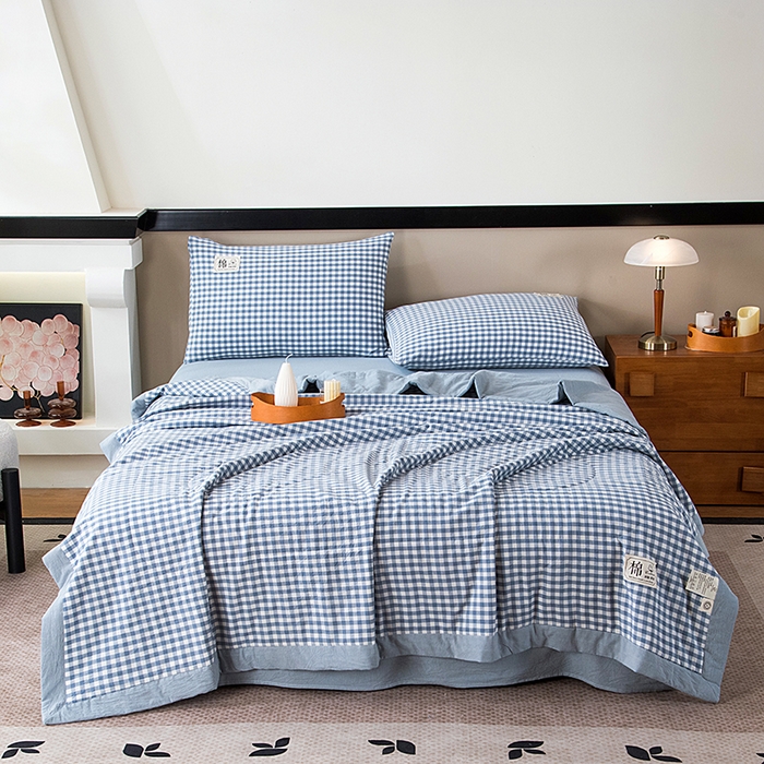 91家纺网 家纺一手货源 找家纺 三俏家纺 2025新款新疆棉花被夏被100%里外全棉棉花夏被无印风全棉色织水洗棉夏凉被空调被春秋被单人可机洗-风格二 煮雨