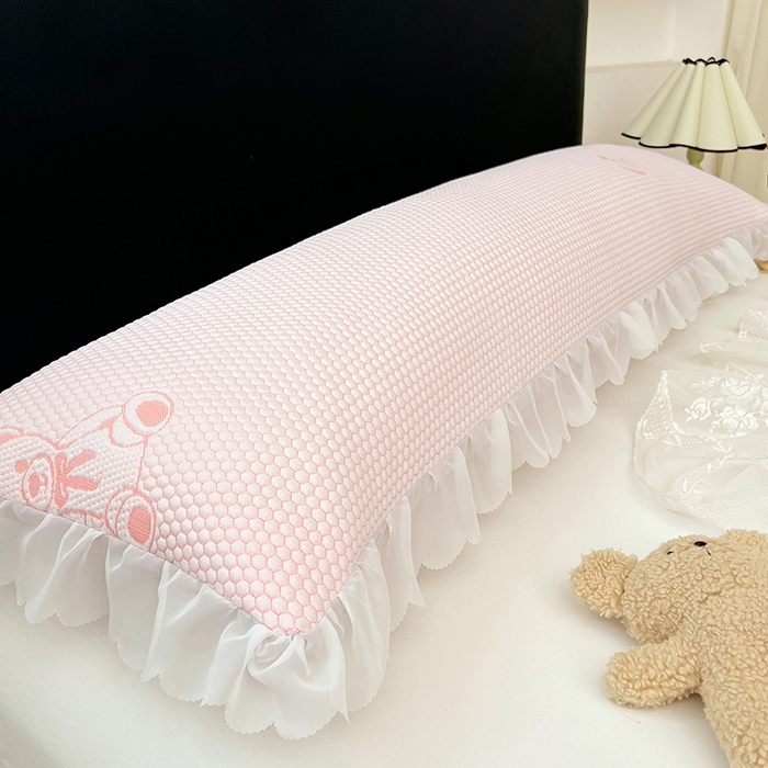 91家纺网 家纺一手货源 找家纺 梦舒羽 2025春夏新款冰豆豆花边双人单枕套枕套单件 冰豆豆-小熊粉