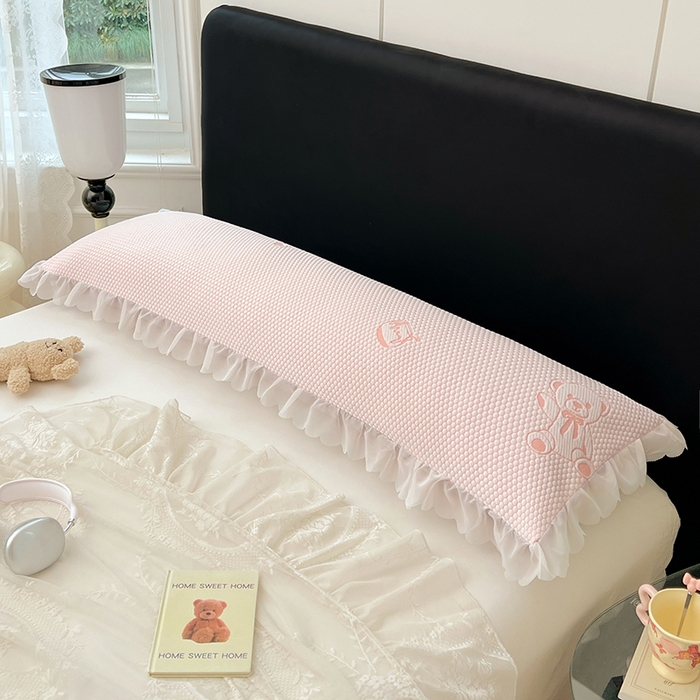 91家纺网 家纺一手货源 找家纺 梦舒羽 2025春夏新款冰豆豆花边双人单枕套枕套单件 冰豆豆-小熊粉