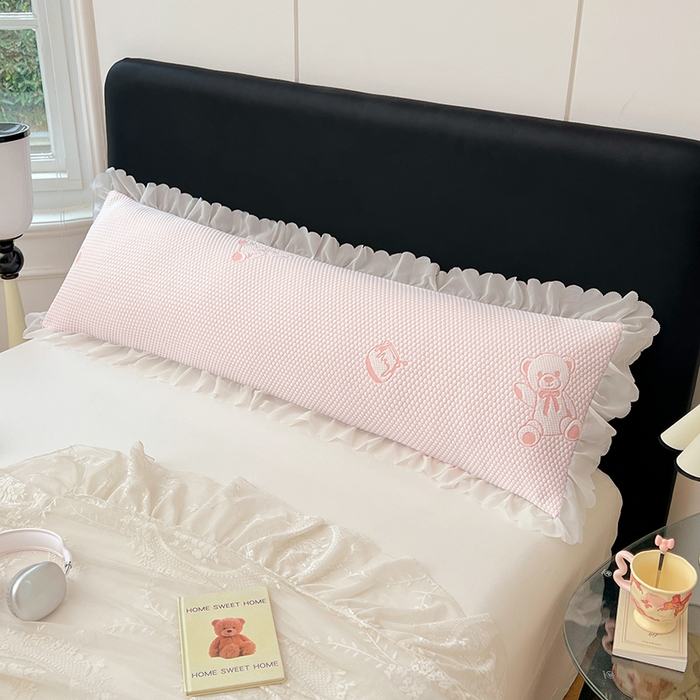 91家纺网 家纺一手货源 找家纺 梦舒羽 2025春夏新款冰豆豆花边双人单枕套枕套单件 冰豆豆-小熊粉