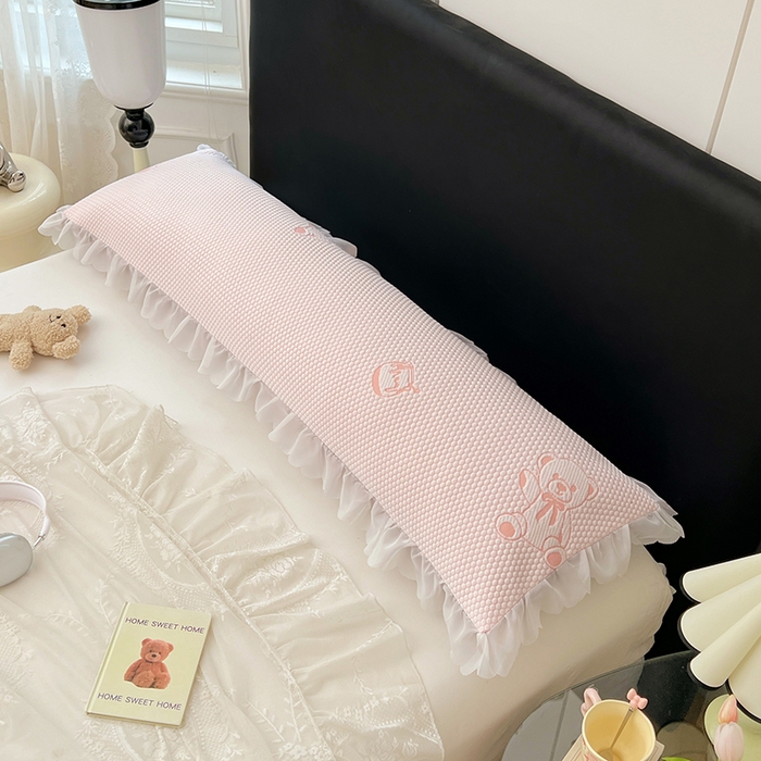 91家纺网 家纺一手货源 找家纺 梦舒羽 2025春夏新款冰豆豆花边双人单枕套枕套单件 冰豆豆-小熊粉