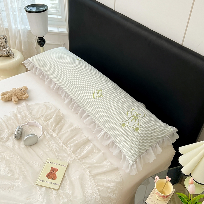 91家纺网 家纺一手货源 找家纺 梦舒羽 2025春夏新款冰豆豆花边双人单枕套枕套单件 冰豆豆-小熊绿