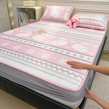 摩妮卡 2025新款小清新碳光冰丝软席床笠款单床笠三件套 萌猫幻梦-粉