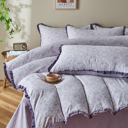 91家纺网 家纺一手货源 找家纺 （总）黛馨 2025新款全棉纯棉A类小清新双层纱四件套-皱皱边系列