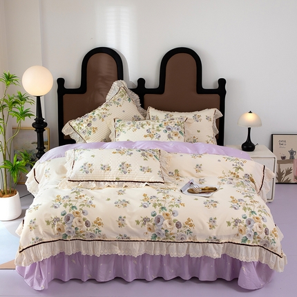 木兰花 2025新款欧式全棉印花韩版花边夹棉床盖床裙款四件套【控价288元起】卡密尔紫