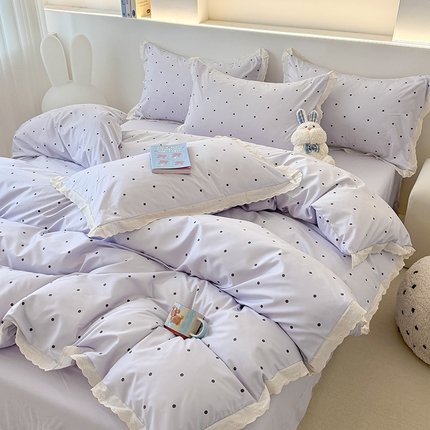 91家纺网 家纺一手货源 找家纺 吾欢心 2025新款韩版花边水洗双层纱四件套夏被四件套（棚拍图） 紫色波点