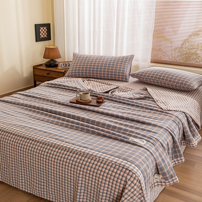 91家纺网 家纺一手货源 找家纺 鑫棉坊 2025新款全棉色织水洗棉A类棉花夏被可机洗空调被四件套床单枕套 静雅方格