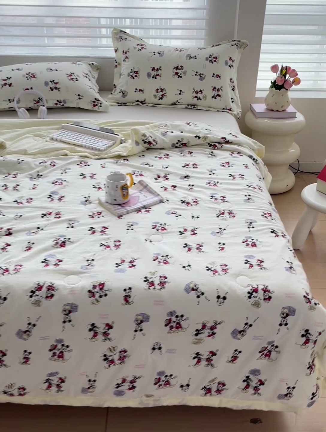 91家纺网 家纺一手货源 找家纺 富艺隆 2025新款水洗棉双层纱夏被 听音乐的米奇