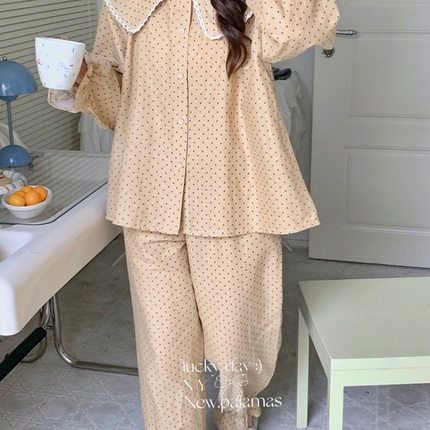 91家纺网 家纺一手货源 找家纺 （总）纽约生活2025新款甜美法式有氧纱大翻领蕾丝套装家居服