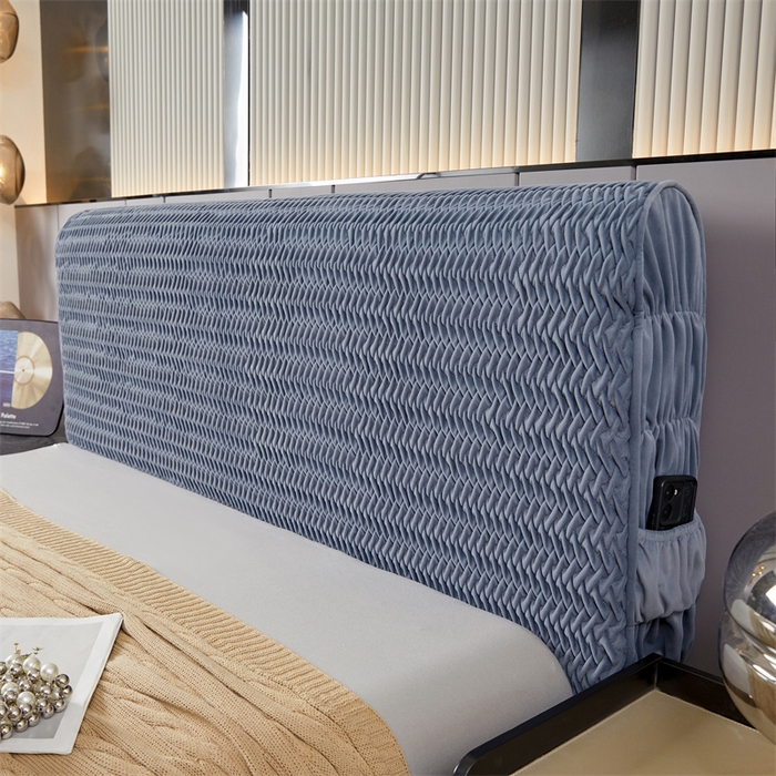 91家纺网 家纺一手货源 找家纺 情恒家纺 2025新款德芙绒工艺款全包床头罩 丹宁蓝