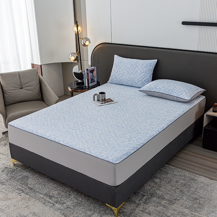 91家纺网 家纺一手货源 找家纺 锦罗绣 2025春夏新款PE中分子凉感提花软凉席席子 流金岁月-蓝 床笠款