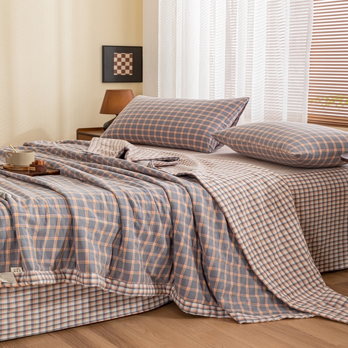 91家纺网 家纺一手货源 找家纺 鑫棉坊 2025新款全棉色织水洗棉A类棉花夏被可机洗空调被四件套床单枕套 静雅方格