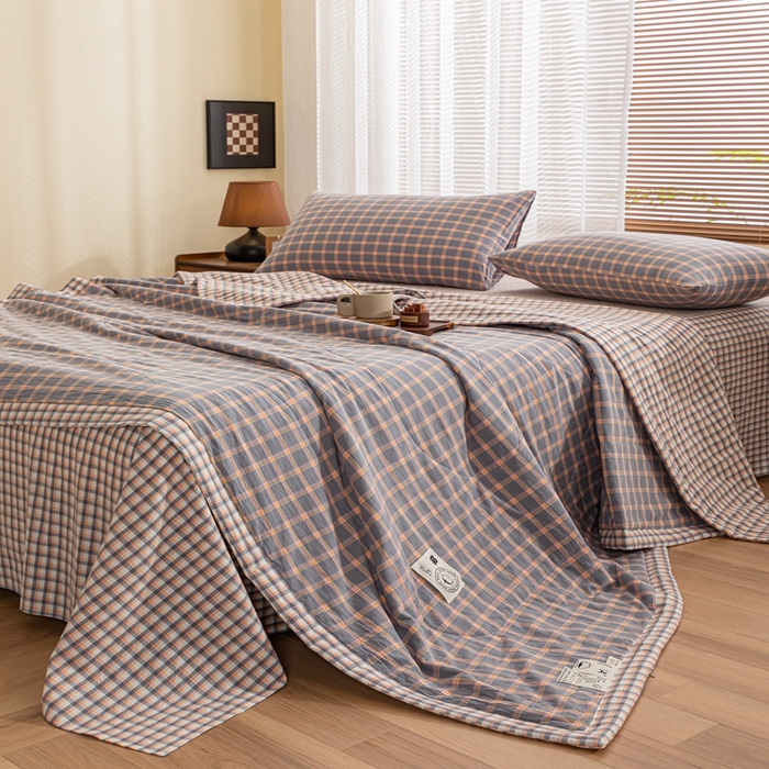 91家纺网 家纺一手货源 找家纺 鑫棉坊 2025新款全棉色织水洗棉A类棉花夏被可机洗空调被四件套床单枕套 静雅方格