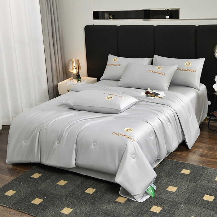 91家纺网 家纺一手货源 找家纺 优尚家纺 2025新款水洗天丝刺绣夏被夏被四件套 银灰色