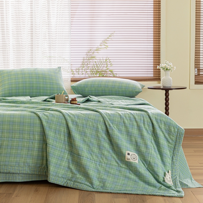 91家纺网 家纺一手货源 找家纺 鑫棉坊 2025新款全棉色织水洗棉A类棉花夏被可机洗空调被四件套床单枕套 清漾绿格