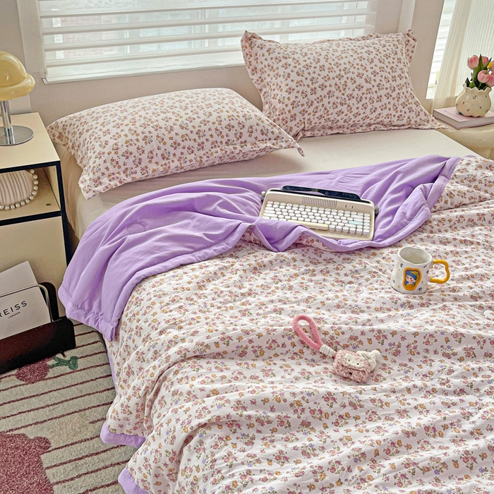 91家纺网 家纺一手货源 找家纺 富艺隆 2025新款水洗棉双层纱夏被 久期诗华紫