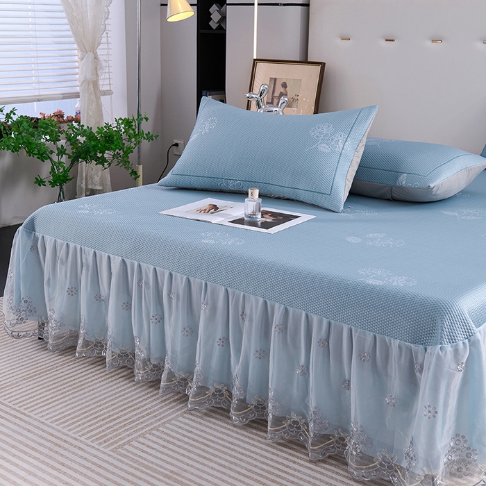 91家纺网 家纺一手货源 找家纺 席之家 2025新款3D冰感蕾丝床裙豆豆席 蕾丝-茶花之恋-蓝