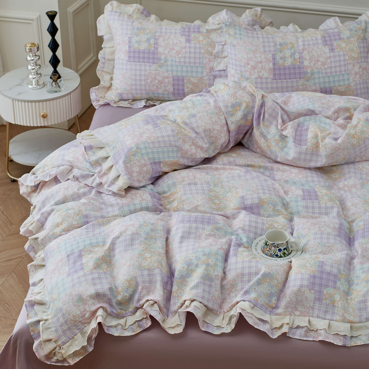 91家纺网 家纺一手货源 找家纺 （总）2025新款全棉纯棉A类双层纱双层蕾丝花边四件套