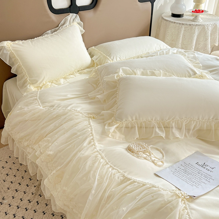 91家纺网 家纺一手货源 找家纺 艺玲家纺 2025新款糯小棉爱丽莎雪纺花边四件套 爱丽莎-黄