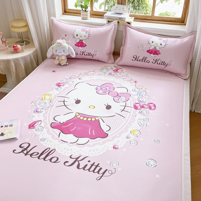 91家纺网 家纺一手货源 找家纺 博雅 2025新款三丽欧A类大版数码印花1200D冰丝凉席凉席席子 花花KT