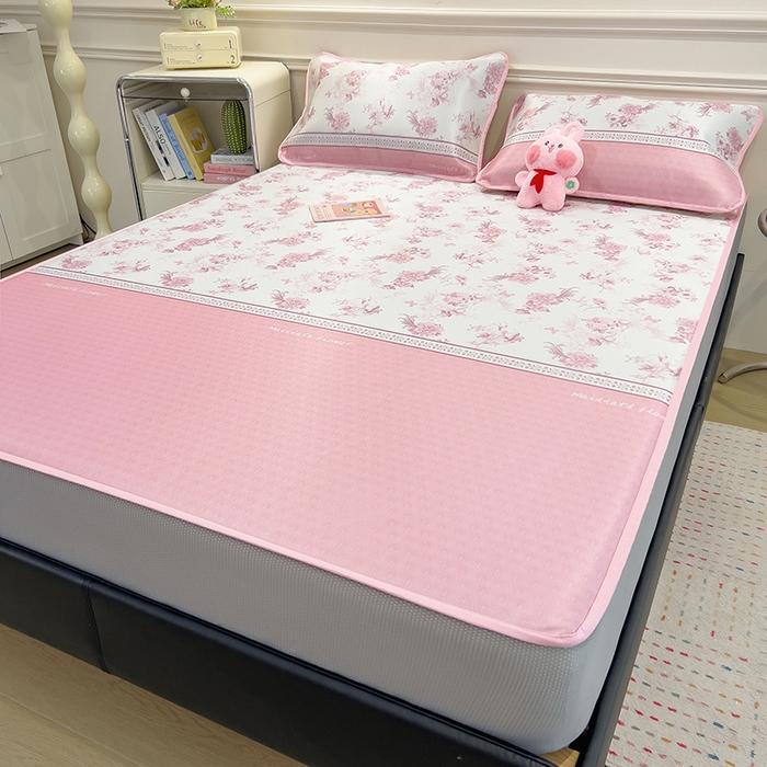 91家纺网 家纺一手货源 找家纺 摩妮卡 2025新款小清新碳光冰丝软席床笠款单床笠三件套 花绮梦-粉