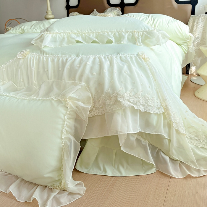 91家纺网 家纺一手货源 找家纺 艺玲家纺 2025新款糯小棉爱丽莎雪纺花边四件套 爱丽莎-绿