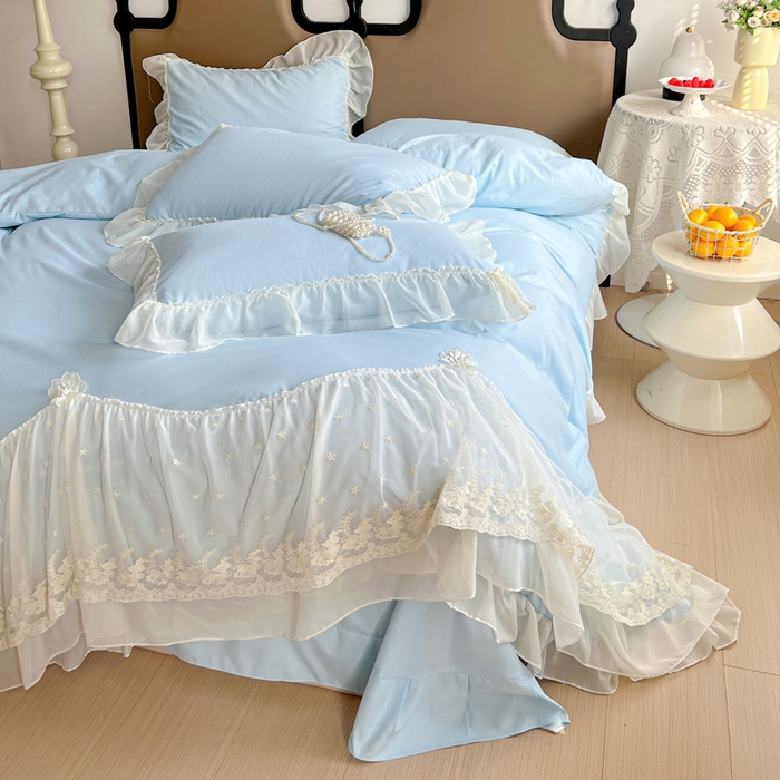 91家纺网 家纺一手货源 找家纺 艺玲家纺 2025新款糯小棉爱丽莎雪纺花边四件套 爱丽莎-蓝