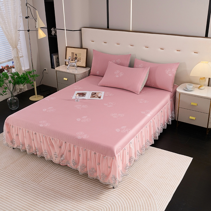 91家纺网 家纺一手货源 找家纺 席之家 2025新款3D冰感蕾丝床裙豆豆席 蕾丝-茶花之恋-粉