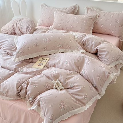 91家纺网 家纺一手货源 找家纺 吾欢心 2025新款韩版花边水洗双层纱四件套夏被四件套（棚拍图） 海棠花开