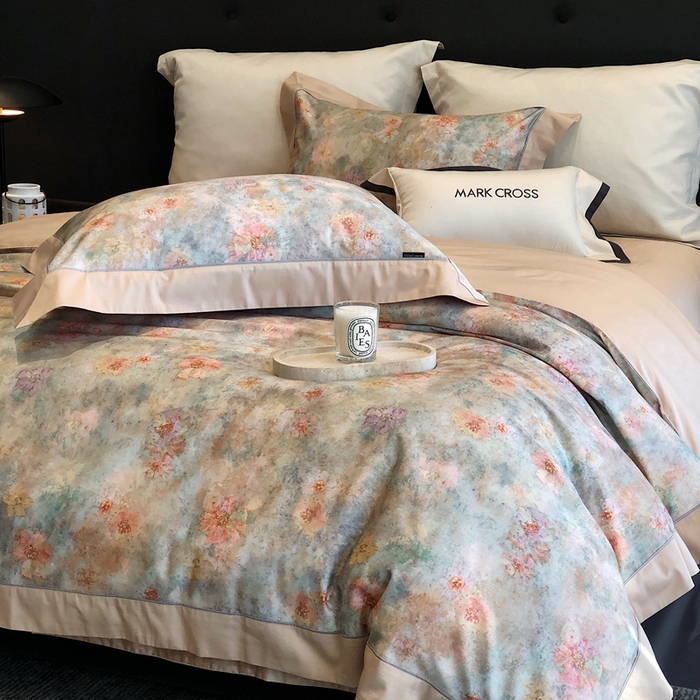 91家纺网 家纺一手货源 找家纺 佳汐蓝2025新款典雅诗意花卉全棉印花四件套券后不低于438/458元 时光之恋-杏黄桔