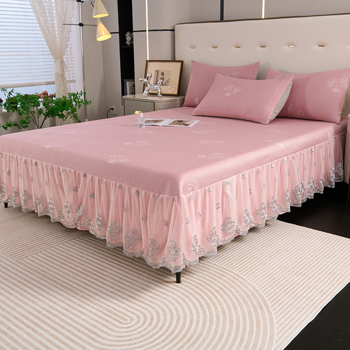 91家纺网 家纺一手货源 找家纺 席之家 2025新款3D冰感蕾丝床裙豆豆席 蕾丝-茶花之恋-粉