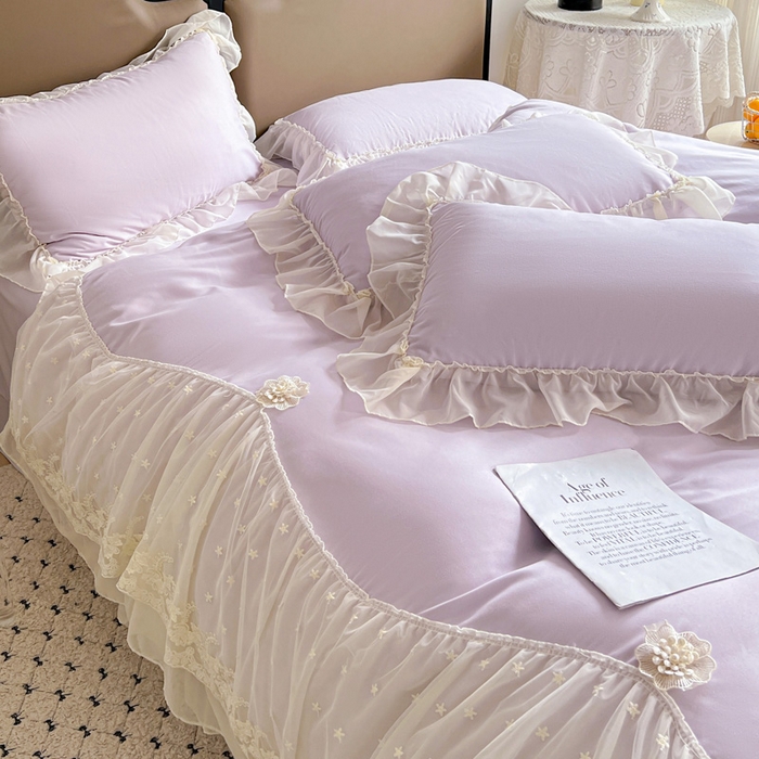 91家纺网 家纺一手货源 找家纺 艺玲家纺 2025新款糯小棉爱丽莎雪纺花边四件套 爱丽莎-紫