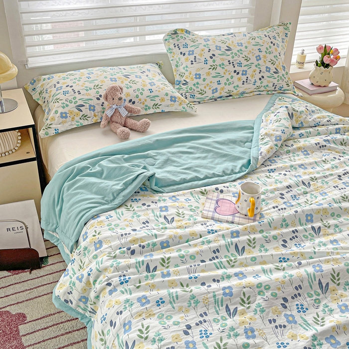 91家纺网 家纺一手货源 找家纺 富艺隆 2025新款水洗棉双层纱夏被 海岛清茶