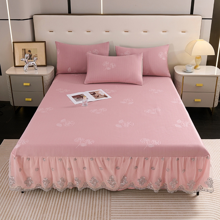 91家纺网 家纺一手货源 找家纺 席之家 2025新款3D冰感蕾丝床裙豆豆席 蕾丝-茶花之恋-粉