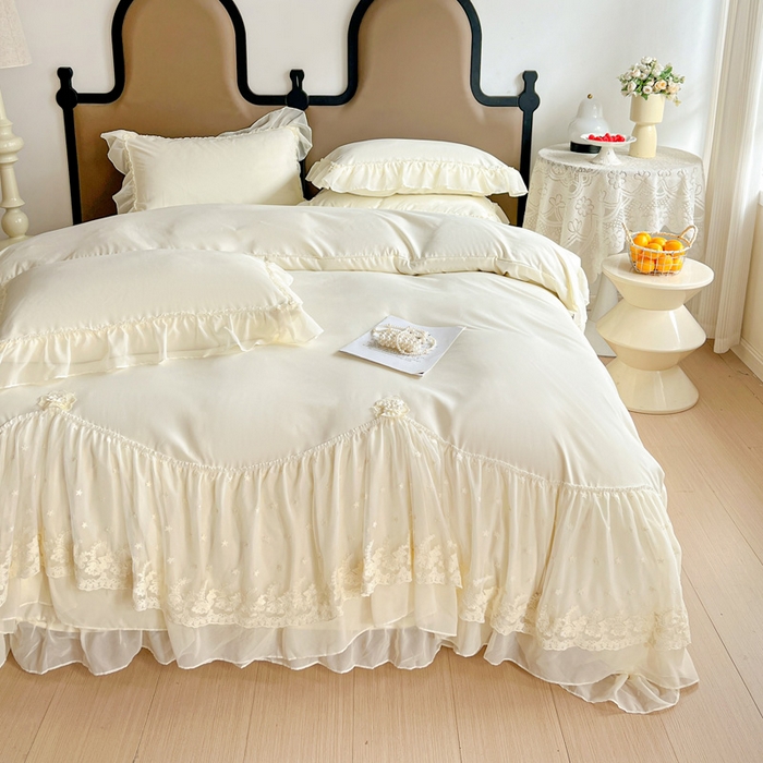 91家纺网 家纺一手货源 找家纺 艺玲家纺 2025新款糯小棉爱丽莎雪纺花边四件套 爱丽莎-黄