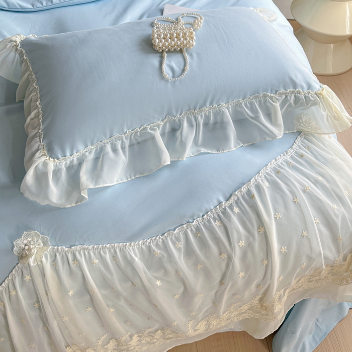 91家纺网 家纺一手货源 找家纺 艺玲家纺 2025新款糯小棉爱丽莎雪纺花边四件套 爱丽莎-蓝