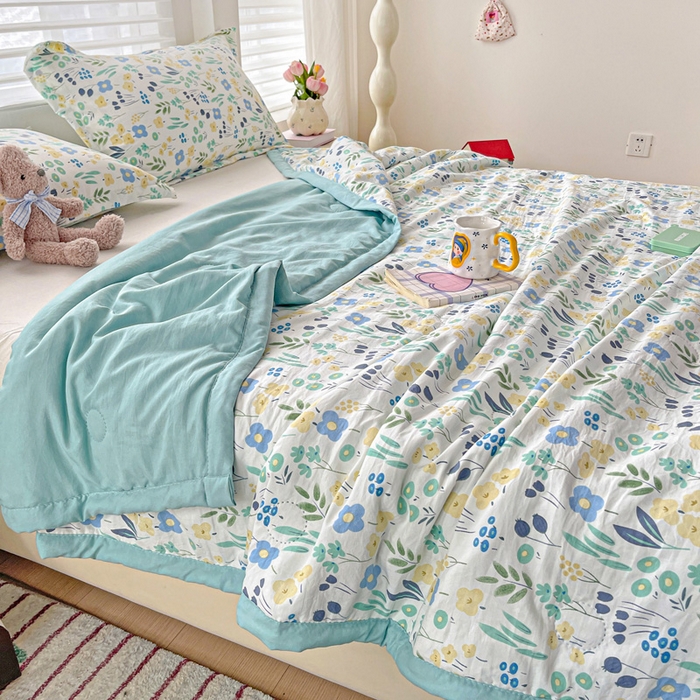 91家纺网 家纺一手货源 找家纺 富艺隆 2025新款水洗棉双层纱夏被 海岛清茶