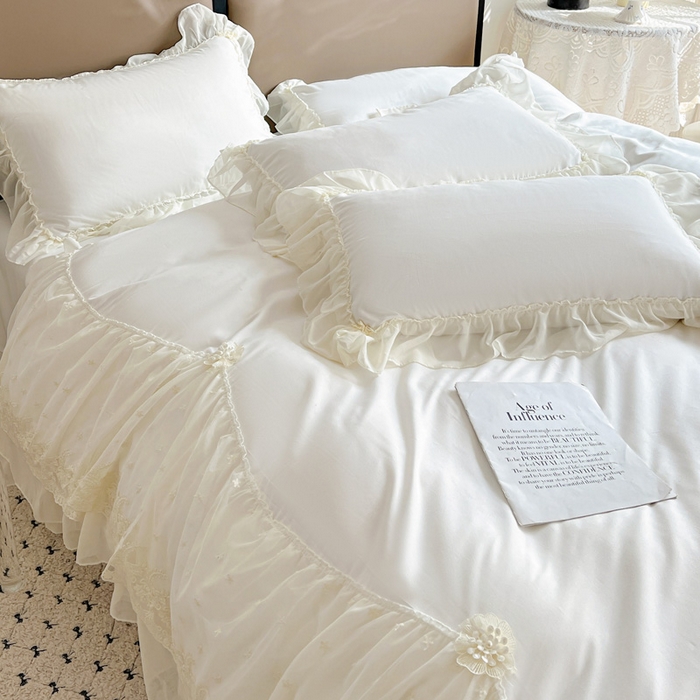 91家纺网 家纺一手货源 找家纺 艺玲家纺 2025新款糯小棉爱丽莎雪纺花边四件套 爱丽莎-白