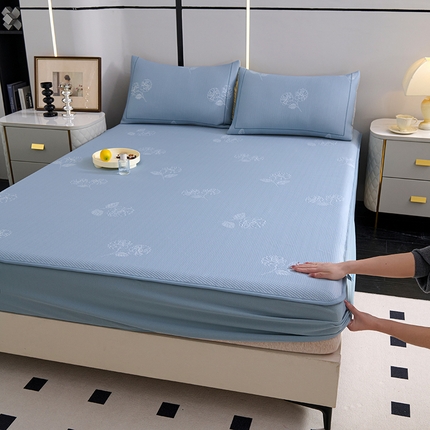 91家纺网 家纺一手货源 找家纺 席之家 2025新款3D冰感床笠款豆豆席 床笠-茶花之恋-蓝