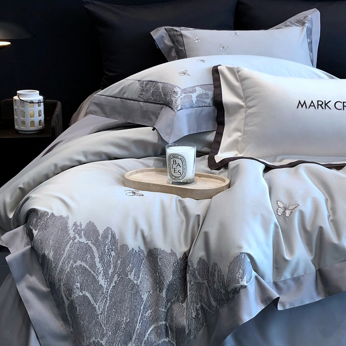 91家纺网 家纺一手货源 找家纺 佳汐蓝2025新款清雅自然刺绣黄金棉系列四件套价格表券后不低于498/518元 春野浮绿-雾隐灰