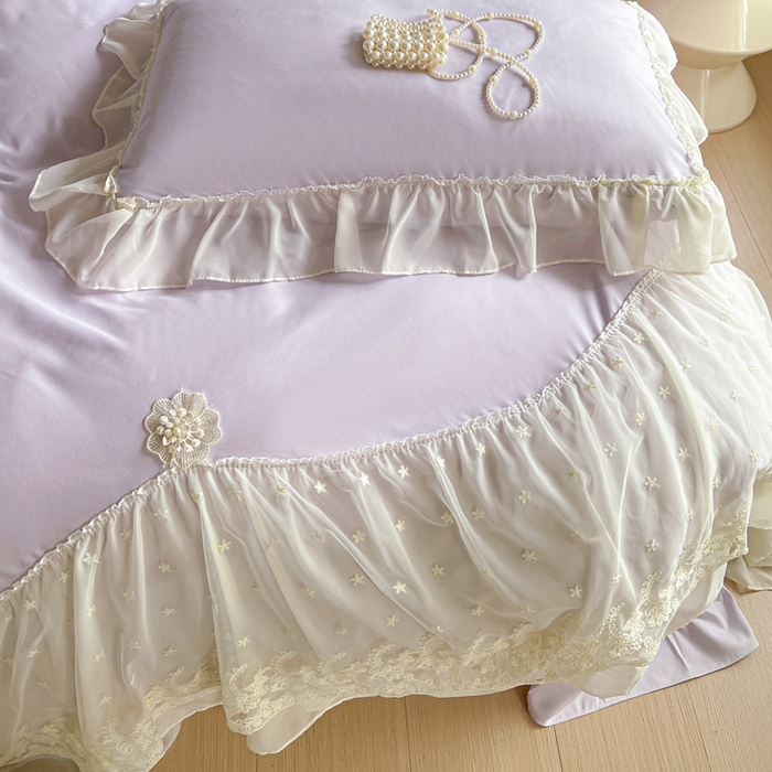 91家纺网 家纺一手货源 找家纺 艺玲家纺 2025新款糯小棉爱丽莎雪纺花边四件套 爱丽莎-紫